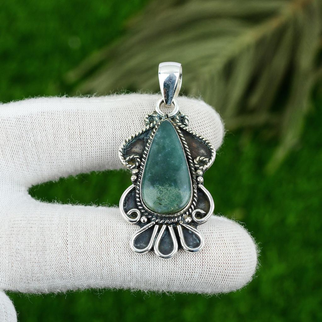 Friendship Day Deal Sterling Silver Natural Solar Moss Agate Handmade Pendant