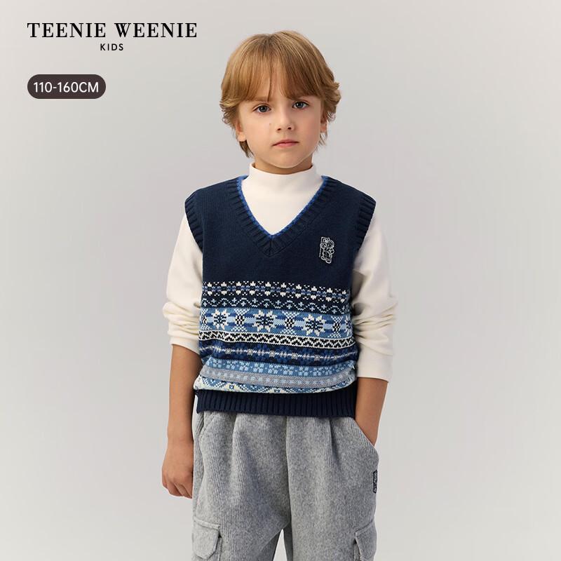 Детский жилет Teenie Weenie для мальчиков, вязаный жаккардовый, с V-образным вырезом 130 темно-синий