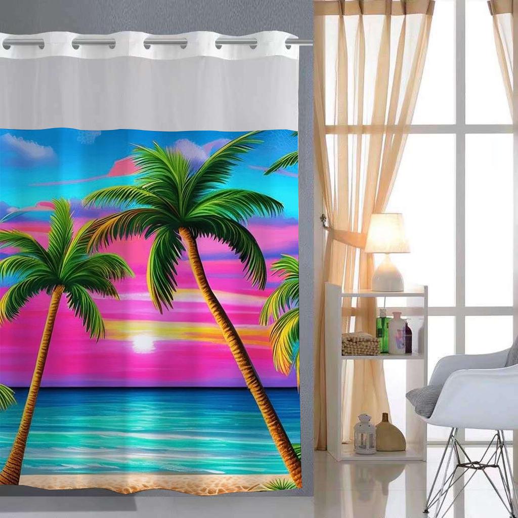 No Hook Beach Coconut Tree Shower Curtain With Snap-In Fabric Liner, Sheer Top Window, Waterproof Double Layer Bathtub Curtain