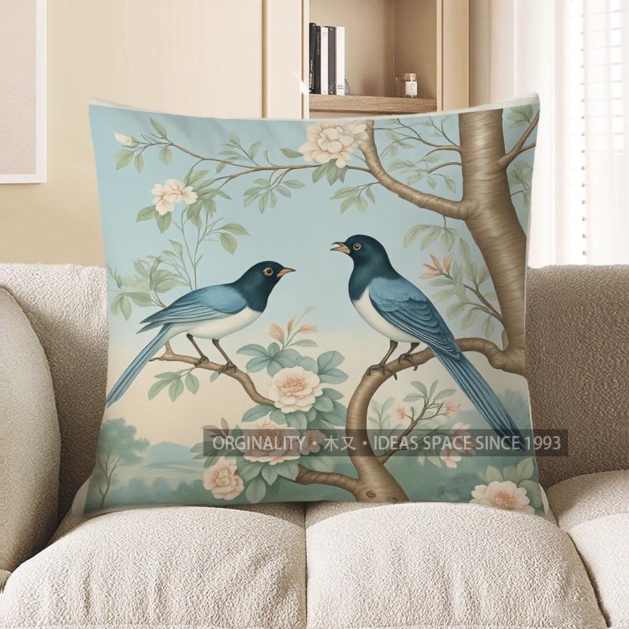 Home Decor Blue Birds and Floral Branch Decorative Pillow Pattern Cushion Cover Suitable for Sofa Bedroom Car Pillow Cover