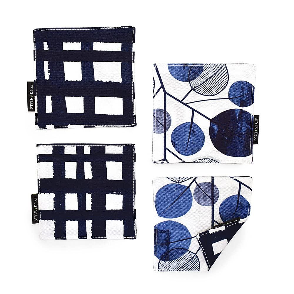 

STYLE Decor Reversible Coasters, Stylish Fabric, Washable, Set of 4, Nordic Navy Leaf Design, W3002220
