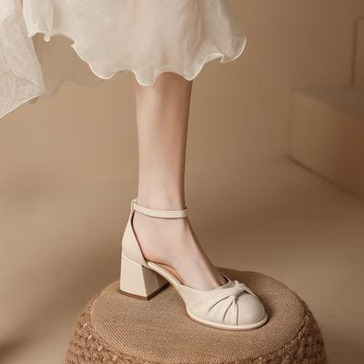 Thick Heel Single Shoes Women's 25 Spring Summer Bridesmaids White High Heels Mary Jane Shoes Baotou Sandals Women