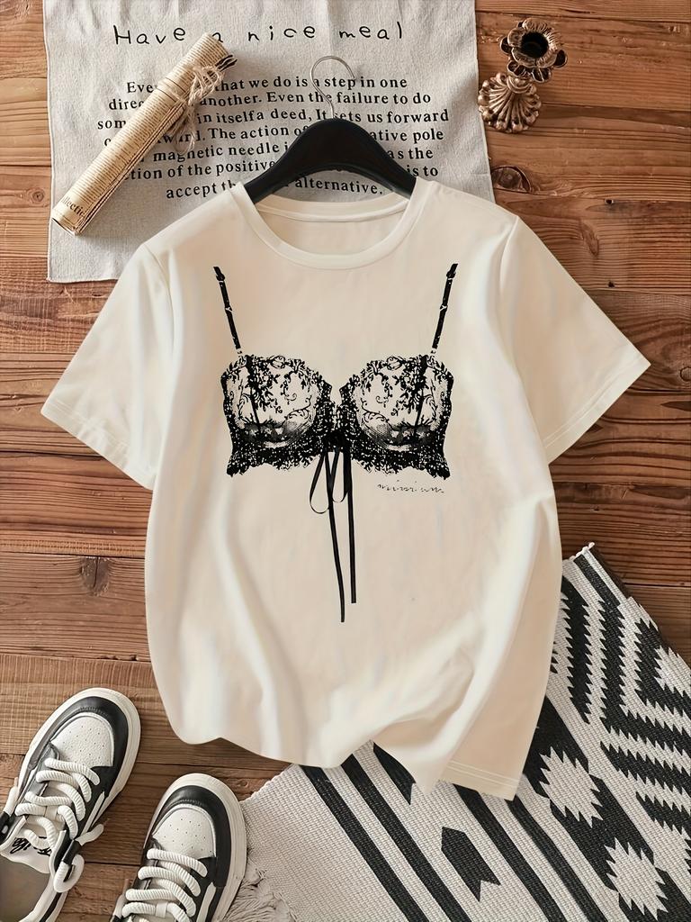 Women's White Casual Short Sleeve T-Shirt with White Lingerie Print Fit Round Harajuku Short Sleeve Casual Aesthetic Clothes