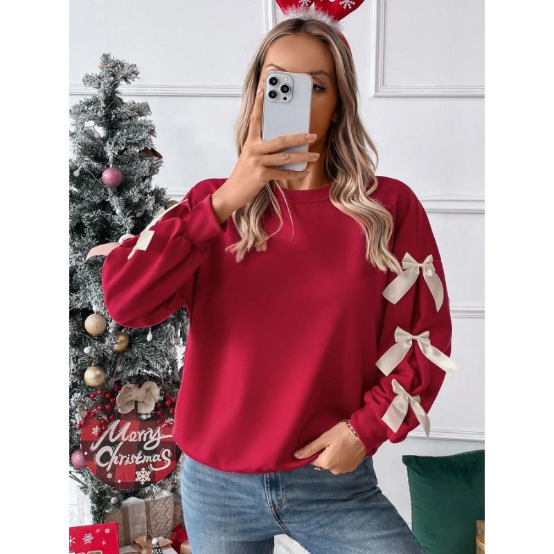 Women S Red Bow Crew Neck Long Sleeve Casual Sweatshirt