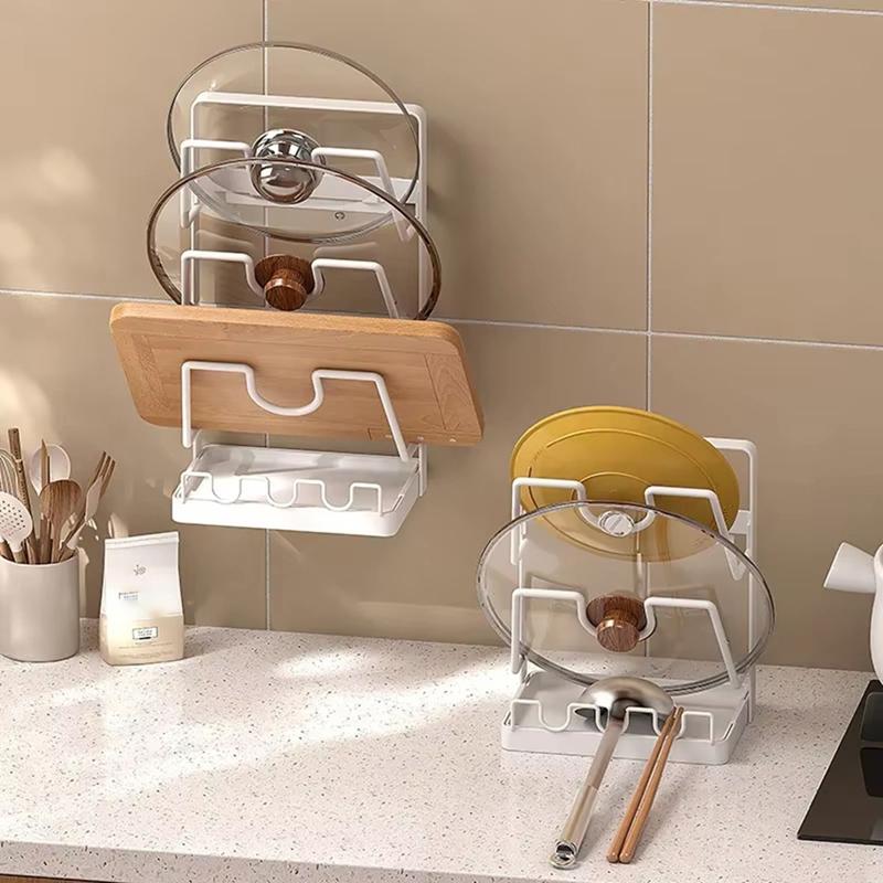 Good-Multifunctional Kitchen Storage Rack - Wall-Mounted Pot Cover, And Cutting Board Organizer With Drain Rack