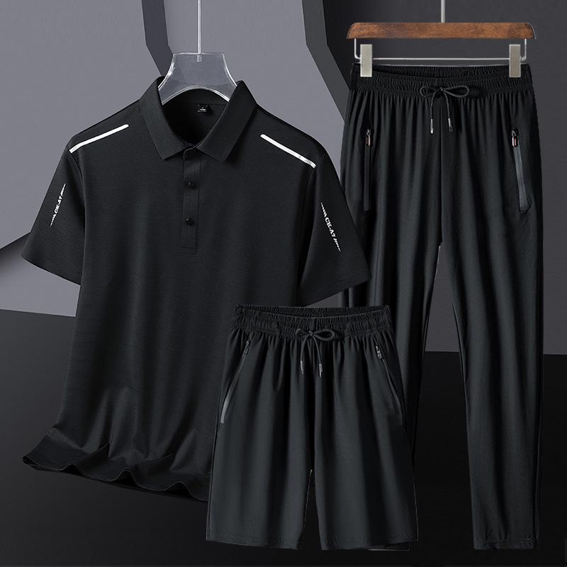 Men's Summer Ice Silk Sportswear Set: POLO Shirt, Short Sleeve, and Trousers, Plus Size, Three-Piece Set.