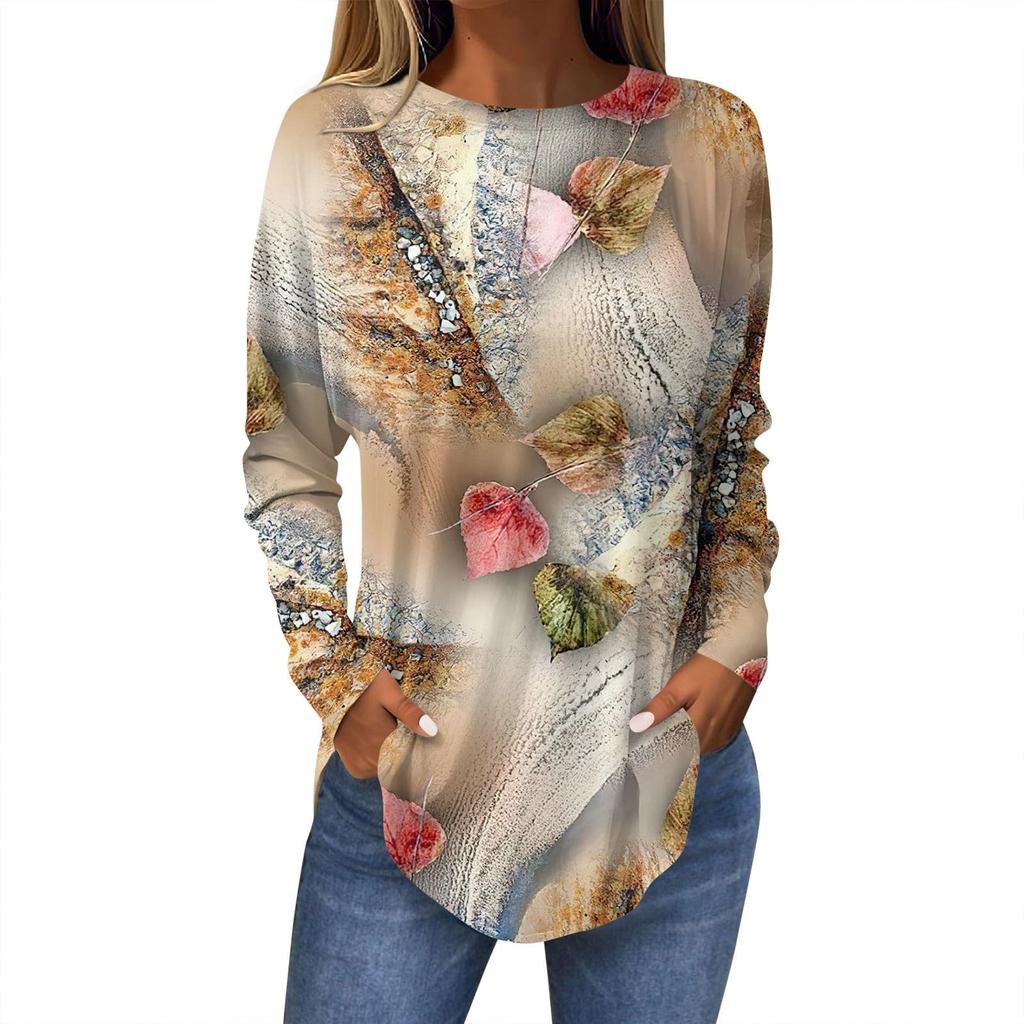Camiseta de mujer con estampado de hojas en 3D, manga larga, cuello redondo, estilo clásico, ideal para vacaciones, fines de semana, primavera y otoño.