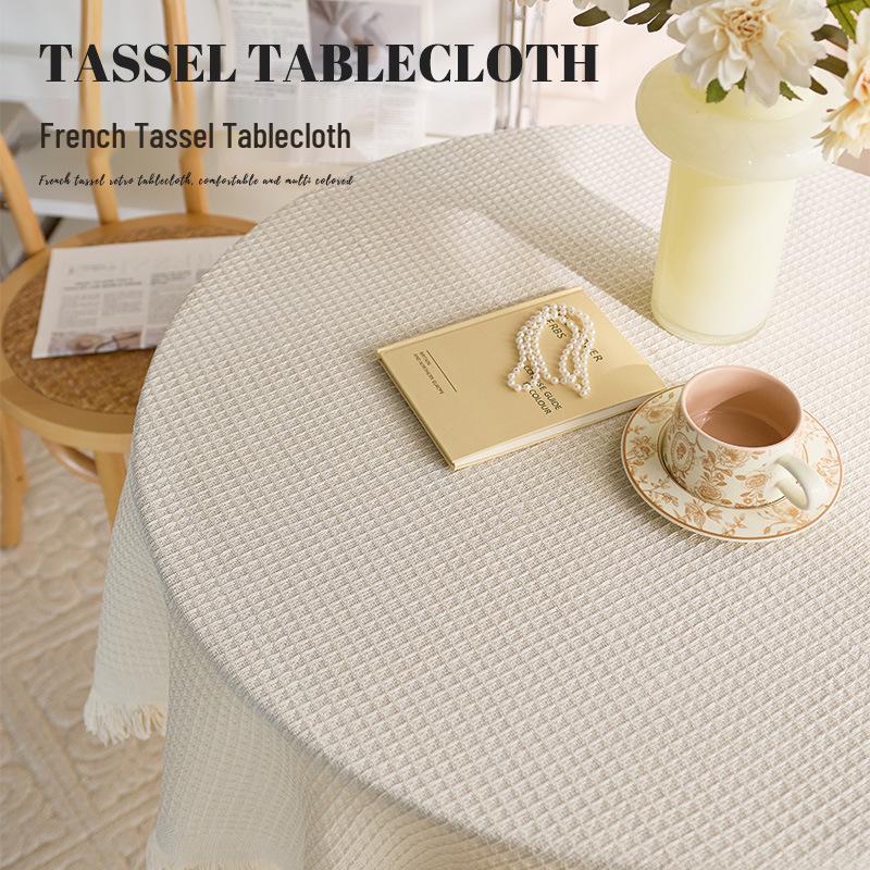 Pastoral White Tassel Tablecloth - French-Inspired Cotton Linen for Coffee and Bedside Tables