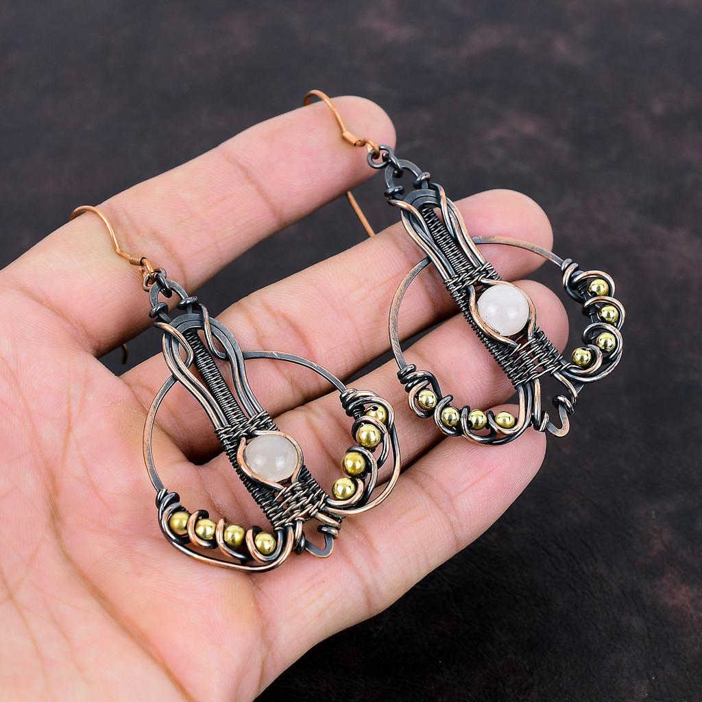 Rose Quartz Earring Copper Wire Wrapped Earrings Handmade Jewelry Top Quality Gemstone Earrings Designer Copper Jewelry Gift For Anniversary