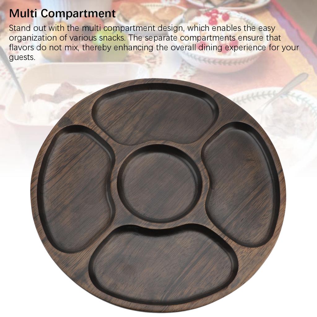 Chip Dip Tray 5 Compartments Round Wood Divided Serving Platter for Snack Fruit Candy Nut