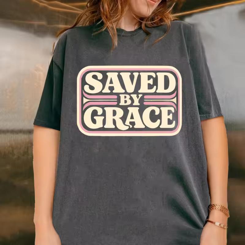 Saved By Grace T Shirt Christian Retro T-Shirt Faith Based Tee Trendy Christian Jesus Tshirt Casual Round Neck Printed Cotton