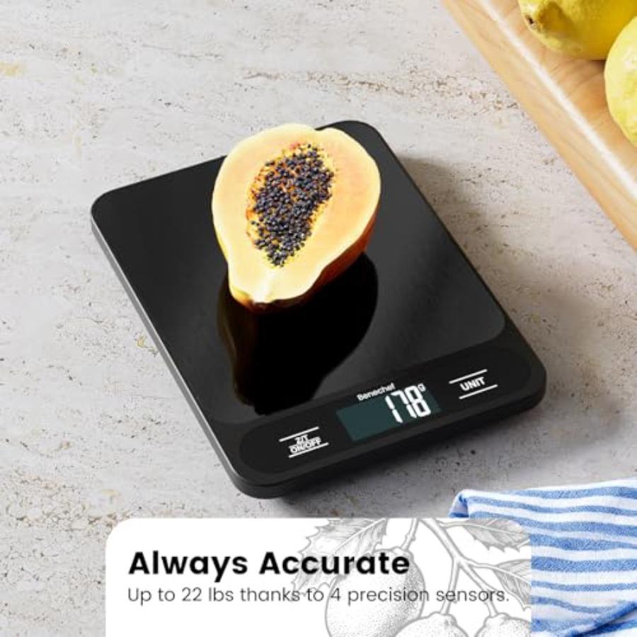 Food Scale 22lb Ultra-Thin Digital Kitchen Scale 1g 0 05oz Accuracy Black Ideal for Baking Cooking and Weight Loss Features 6 M