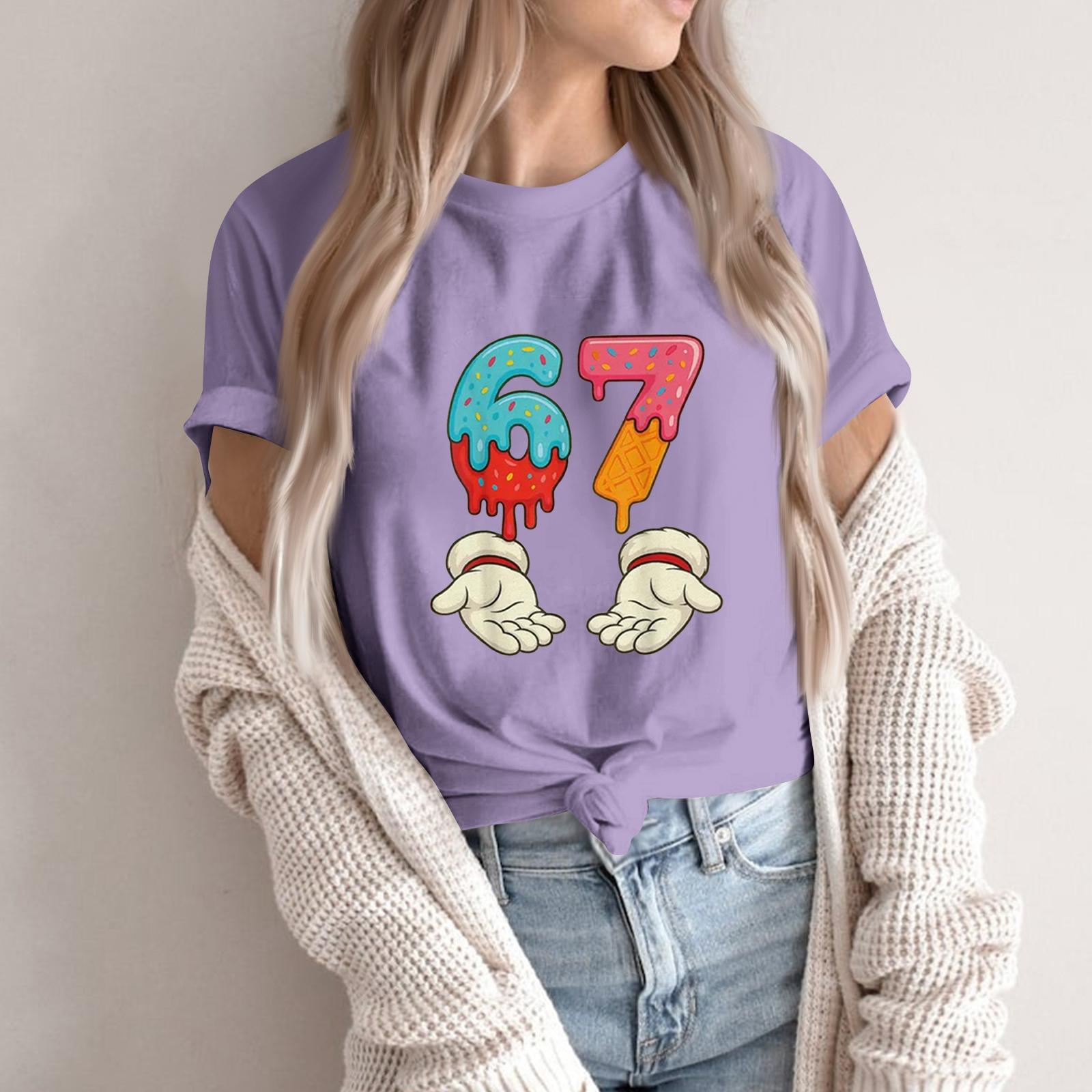 

Женская модная повседневная футболка с коротким рукавом и принтом, топ с круглым вырезом S фиолетовый