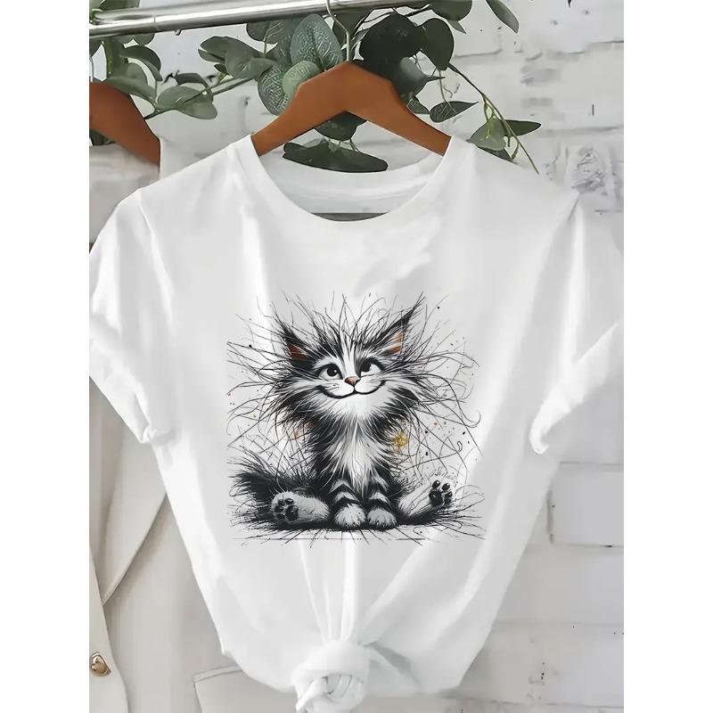 Art Kawaii Fuzzy Cat Short Sleeve Tshirt Graphic Print Design Round Neck Tee Clothing T Shirt