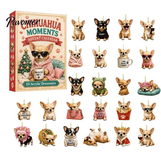 Christmas Tree Hanging Decor Dog Advent Calendar, 24Pcs Acrylic 2D Pet Ornament Set with Calendar Box String, Countdown Decor, Gift for Lovers