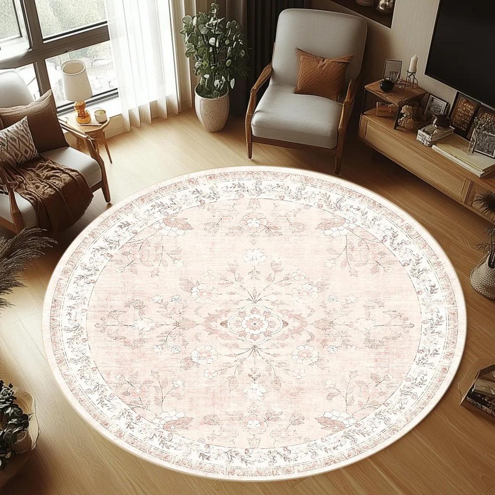 Vervaagd Roze Vintage Bloemig Medaillon Rond Tapijt Wasbare Vloermat voor Woonkamer Slaapkamer Boerderij Boho Binnen Huisdecoratie 120X120CM