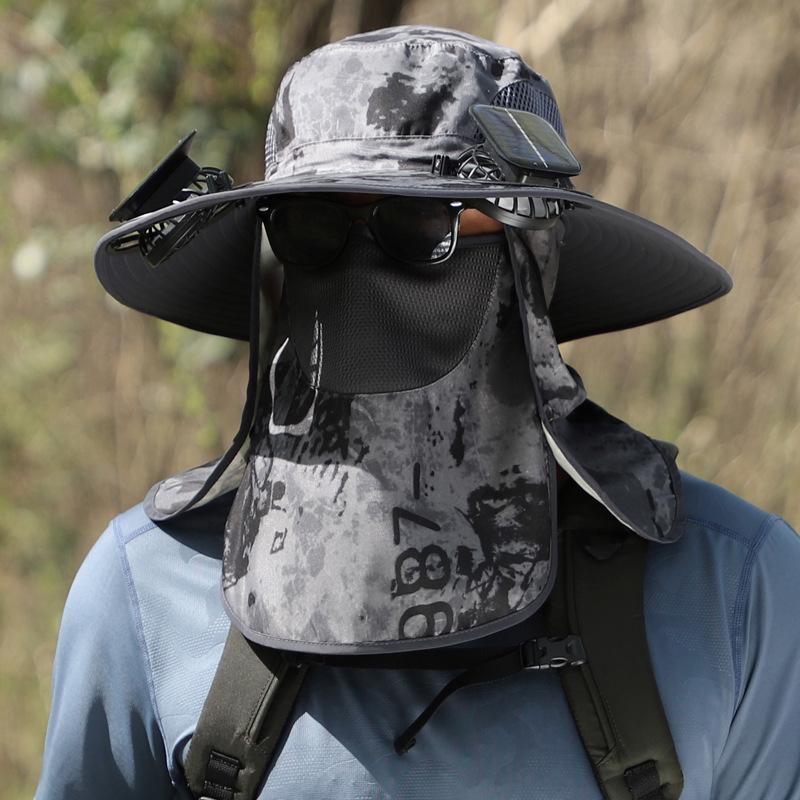 Men's Solar Rechargeable Sun Hat with Dual Fans and Face/Neck Protection for Summer Outdoor Hiking