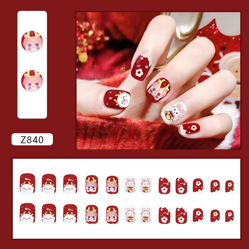 

New Year s burgundy wearing armor removable pieces, Year of the Dragon nail pieces, cute short flower nail pieces 24 pieces