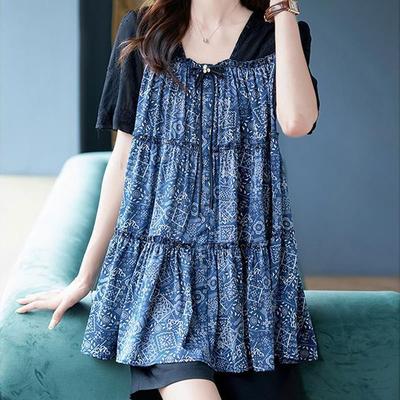 Folk Printed Vintage Shirt Fashion Lace Spliced Women's Clothing Fake Two Pieces Casual Square Collar Summer Short Sleeve Blouse