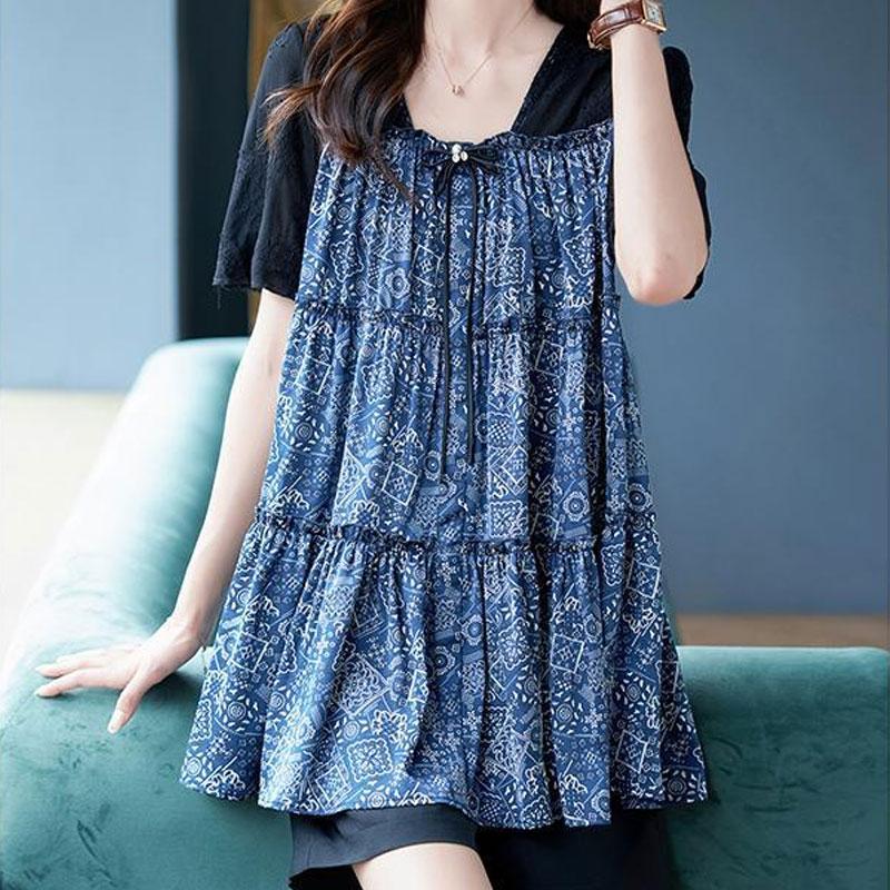 

Винтажная рубашка с народным принтом, модная женская одежда с кружевной отделкой, повседневная блузка с коротким рукавом на лето, имитация двух частей, квадратный воротник XXXL темно-синий