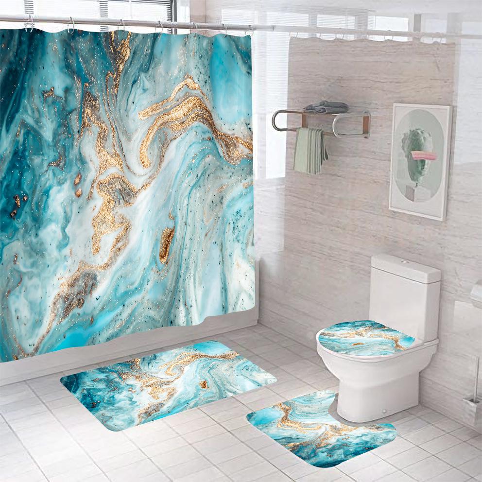 Bathroom Shower Curtain Four-piece Digital Printing Marble Waterproof Shower Curtain Toilet Partition Curtain Bath Mat