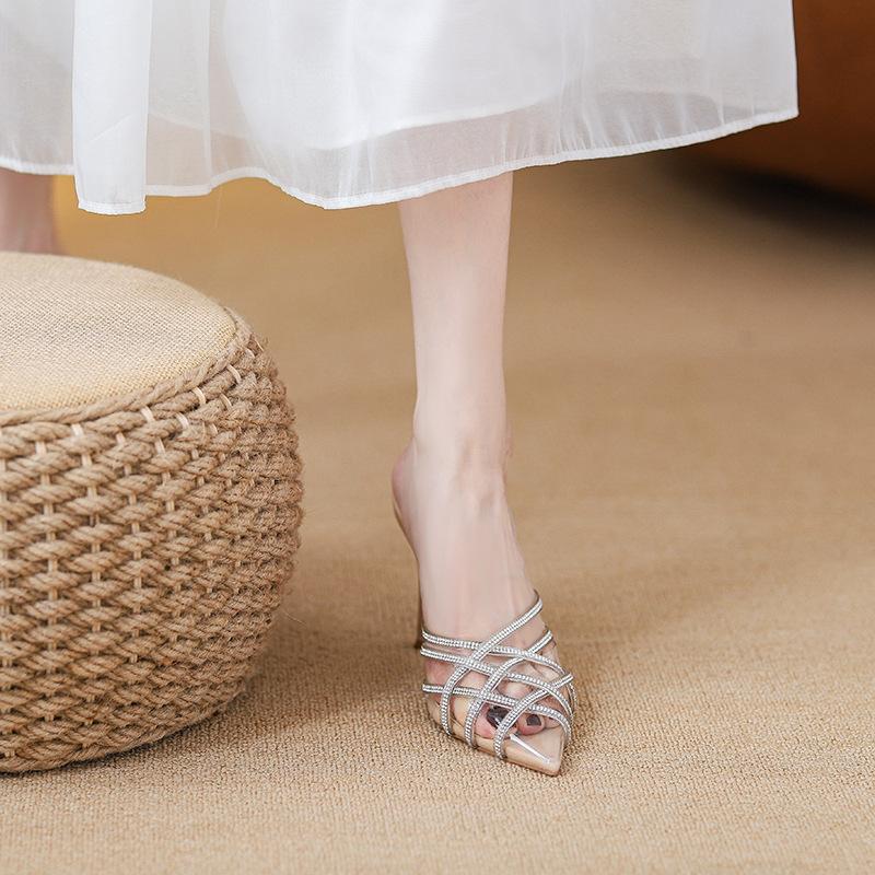 

High heels women s thin heels summer and autumn versatile rhinestone sandals women s nude outer wear sexy one-pedal slippers 2025 34