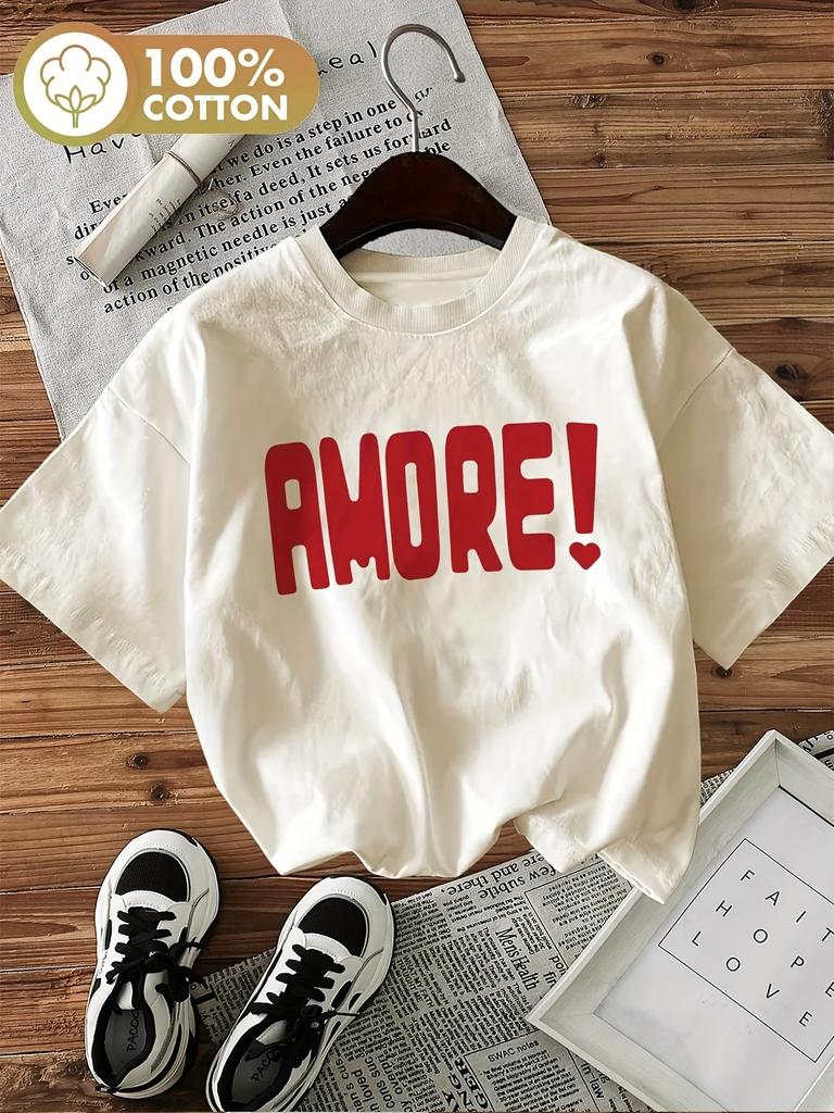 Amor Letter Print Cotton Womens Graphic TShirt Soft Crew Neck Short Sleeve Top Harajuku Shirt Floral Design