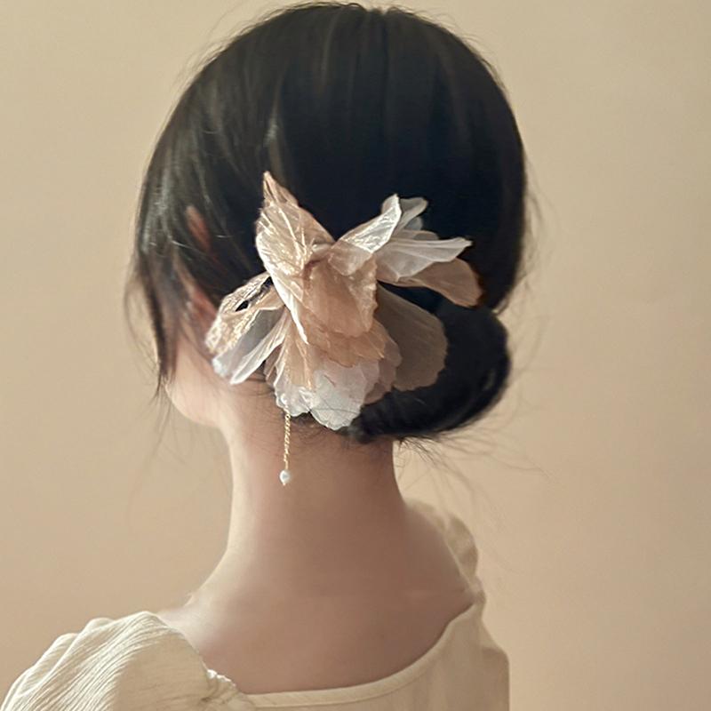 Korean Antique Chiffon Flower Pearl Tassel Hair Stick U-Shaped Hair Clip Temperament Chinese Style Hairpin For Women Headwear