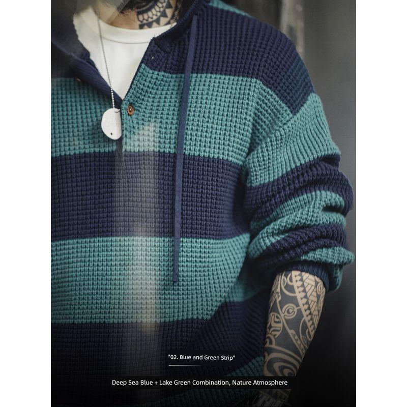 Madden Parka American Casual Contrast Color Stripes Hooded Knitwear Preppy Style Sweater Loose Pullover Sweatershirt Men's Autumn