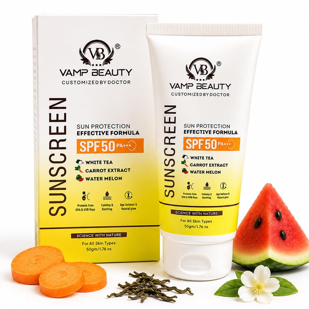 Vamp Beauty Sunscreen SPF 50 PA+++ with White Tea, Carrot Extract & Watermelon | Broad Spectrum UVA & UVB Protection | Lightweight & Non-Greasy For