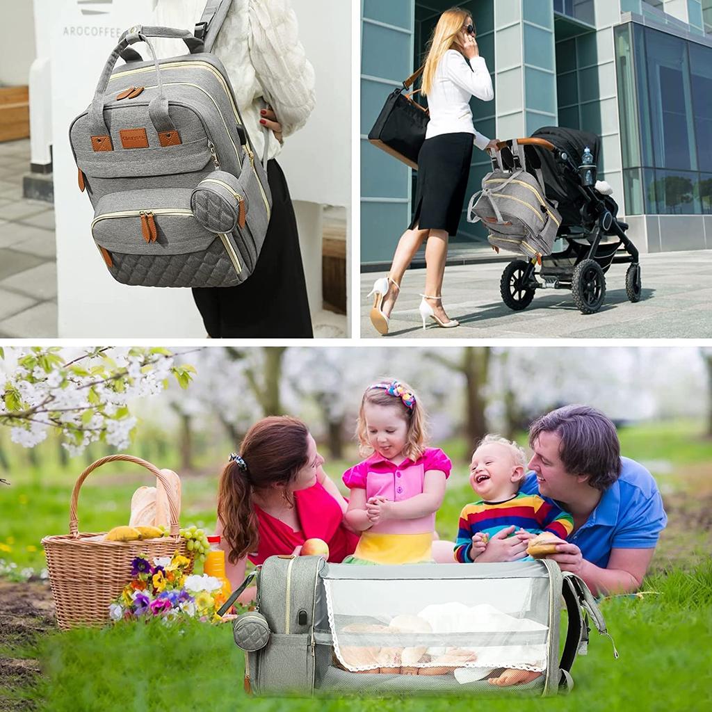 3 In 1 Diaper Bag Backpack Foldable Baby Bed Waterproof Travel Bag with USB Charge Diaper Bag Backpack with Changing Bed 3 Types