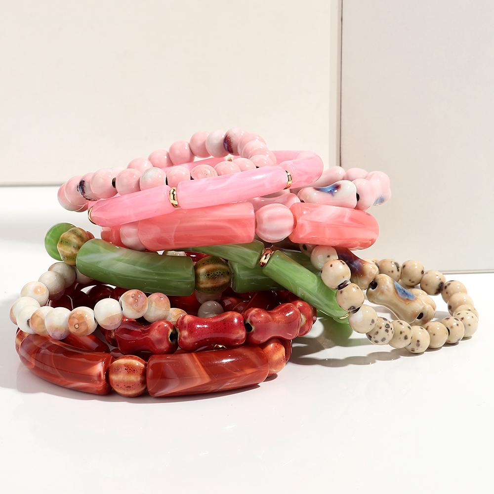4pcs Bamboo Tube Acrylic Elastic Bracelets for Women Men Boho Resin Ceramic Circle Elbow Beaded Bangle Stack Jewelry Set Gift