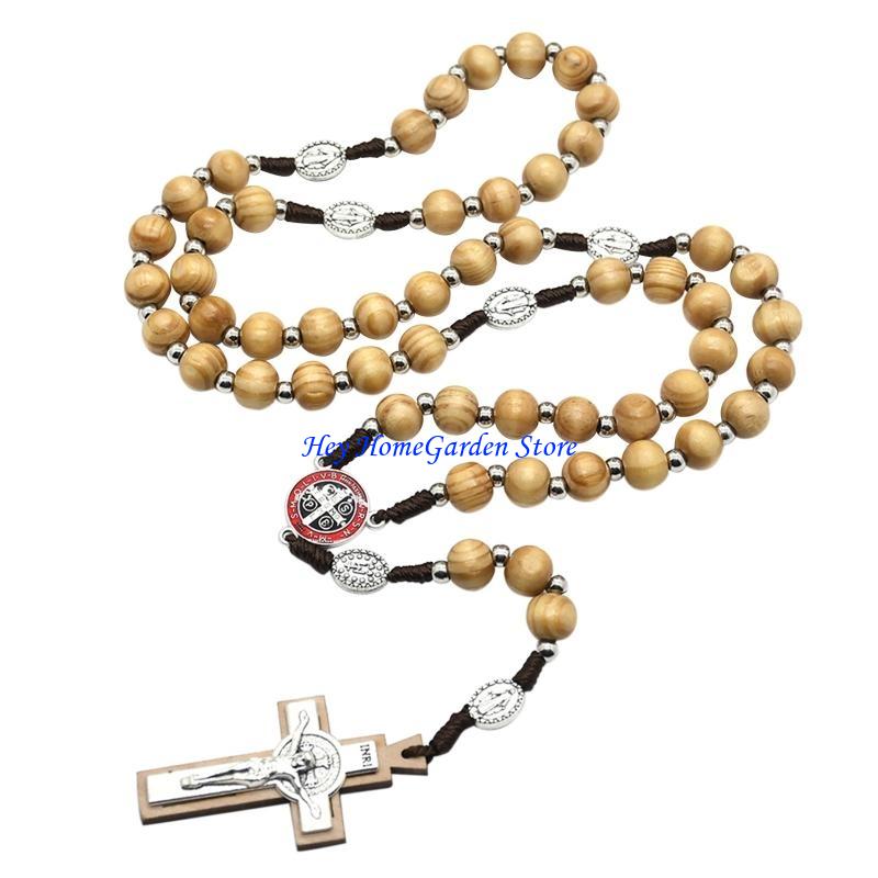 652F Wooden for Cross Rosary Necklaces Bead Hanging Christian Pendant for Women Men Religious Praying Jewelry Gift