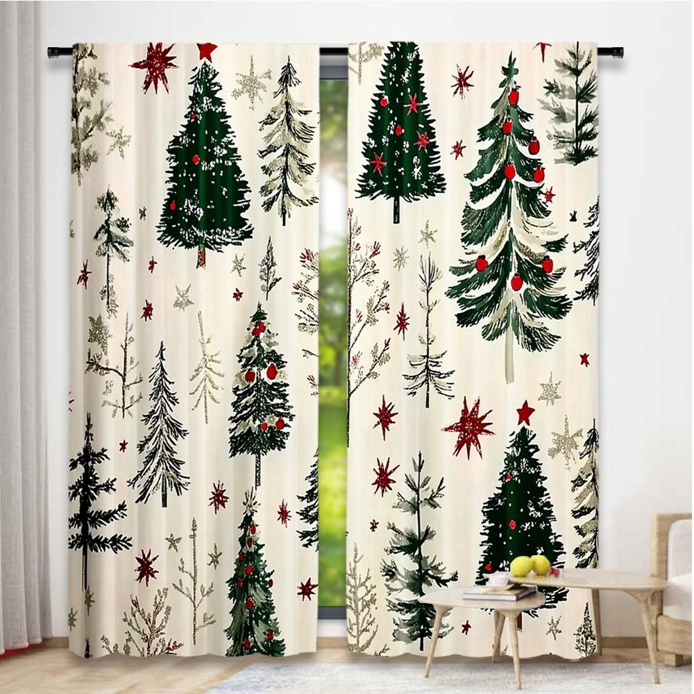 Set Of 2 Flat Printing High Quality Christmas Curtains Cartoon Tree Digital Printed Polyester Drapes Non Fading Festive Curtain Made