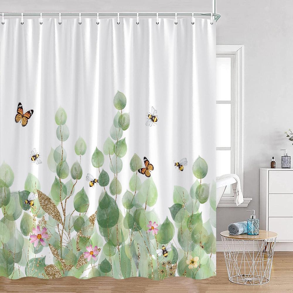 Floral Shower Curtain Colorful Flowers Birds Butterfly Botanical Green Leaves Bathroom Curtains Modern Bathtub Decor with Hooks
