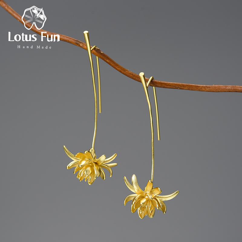 

Lotus Fun 18-каратное золото Ночное цветение Цветок Цереуса Длинные Свисающие Серьги для женщин Серебро 925 пробы Оригинальные роскошные ювелирные изделия