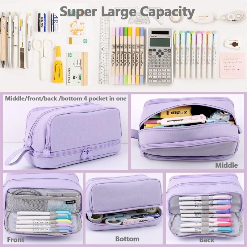 Large Capacity Pencil Bag Pen Case Solid Color Pencil Case Double Layers Pencil Pouch Pen Bag School Office Supplies