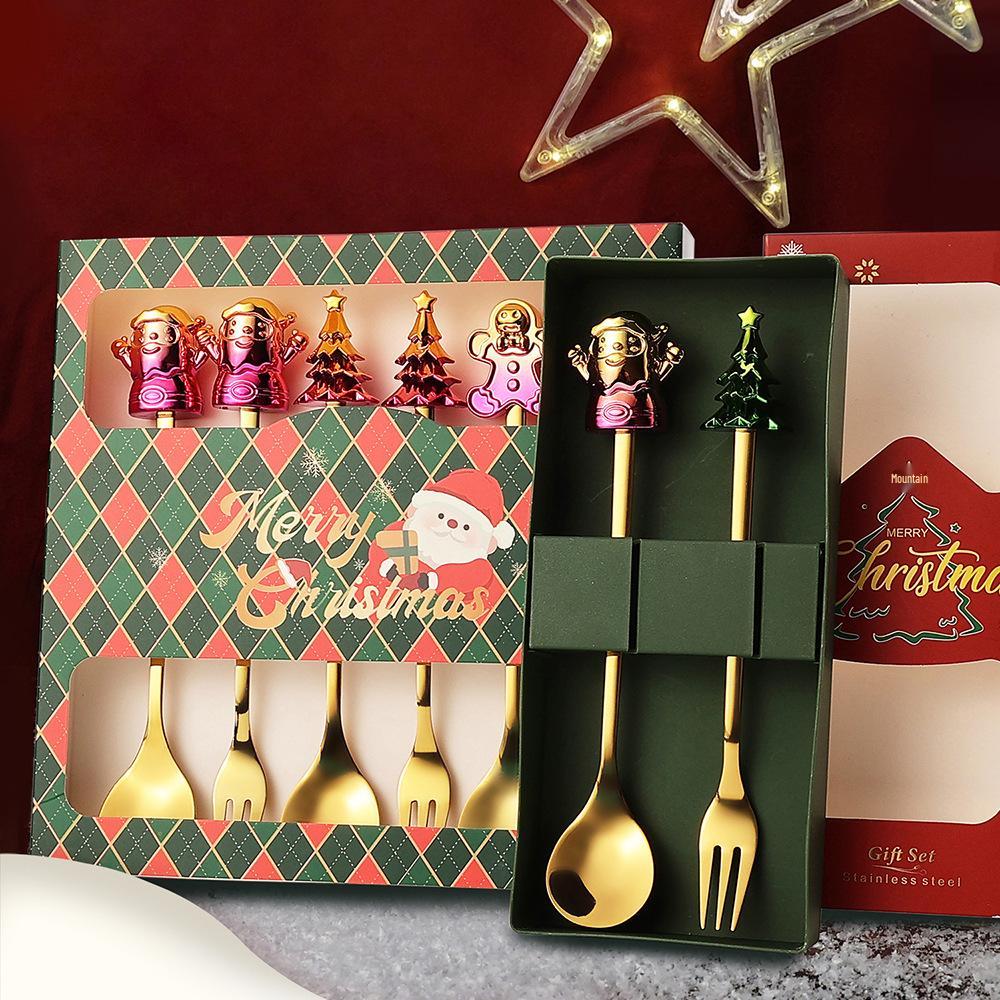 Cartoon Santa Claus Christmas Tree Coffee Dessert Spoon & Fork Gift Set