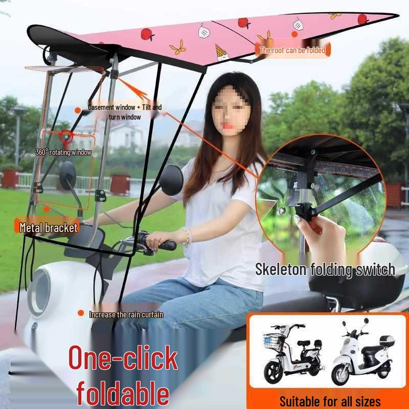 Electric Vehicle Detachable Folding Awning: Retractable Sunshade, Windproof & Rainproof for Pedal Motorcycles.