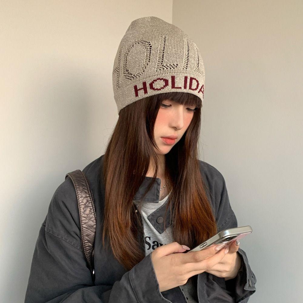 Hollow Sequin Knitted Hat Cool Knitted Pullover Hat Punk Letter Beanie Hat  Autumn