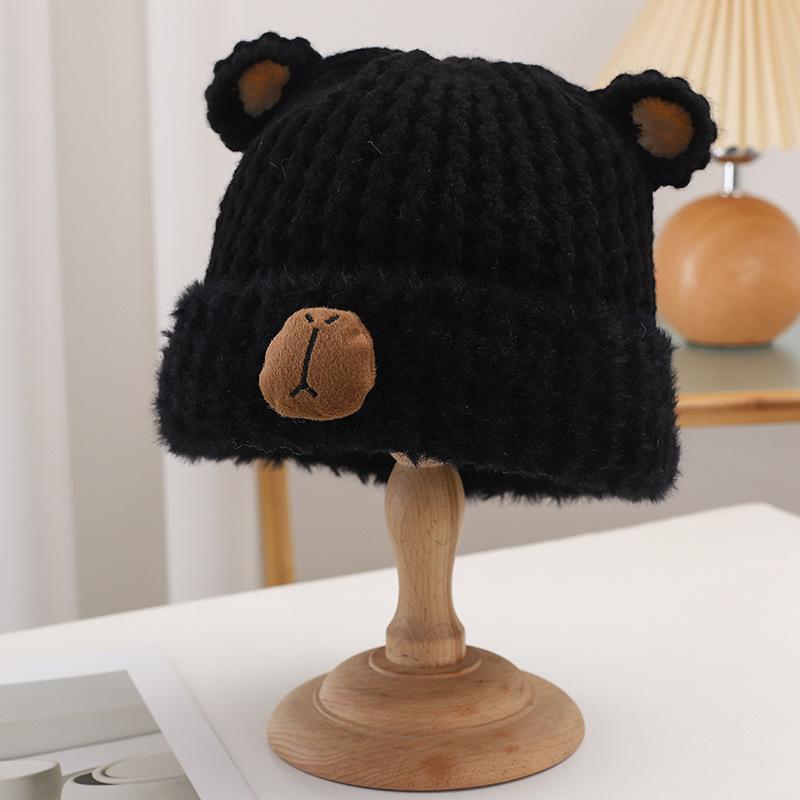 Cute Bear Hat for Women In Winter Plush New Korean Knitted Hat Versatile Warm Ear Protection Thickened Fashionable Plush