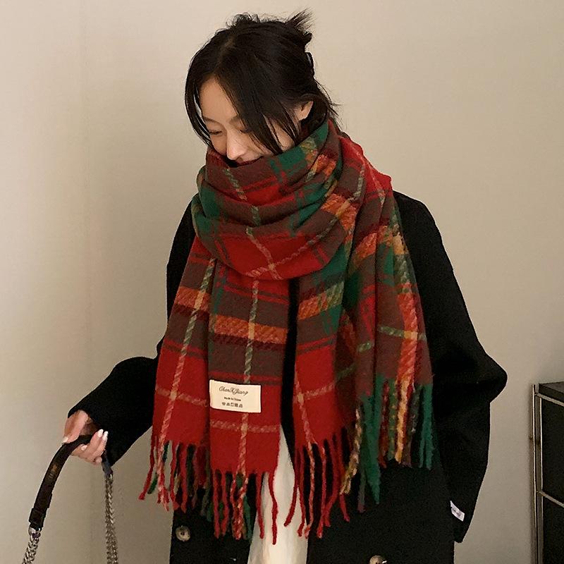 Korean Style Christmas Plaid Thickened Warm Long Scarf and Shawl