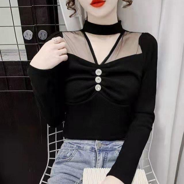 Tshirt For Women Spring Oversize Mesh Panel Stand Collar Embroidered Sleeveless Casual