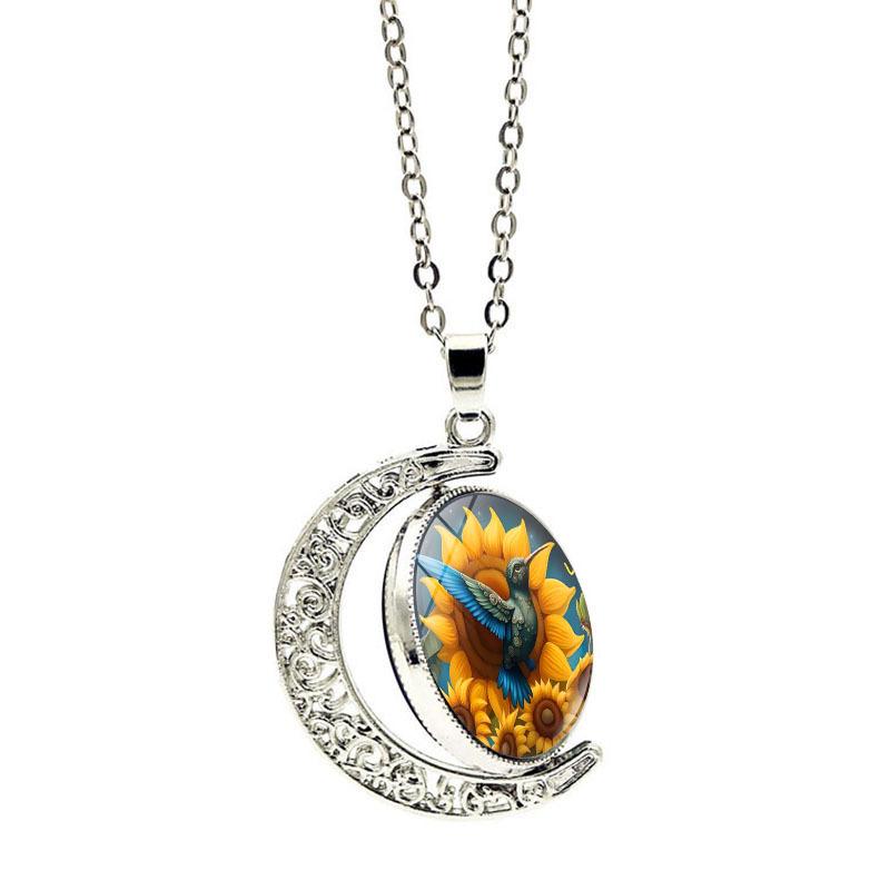 Sunflower Hummingbird Time Women's Jewelry Hummingbird Double-Sided Rotating Moon Necklace Pendant Necklace