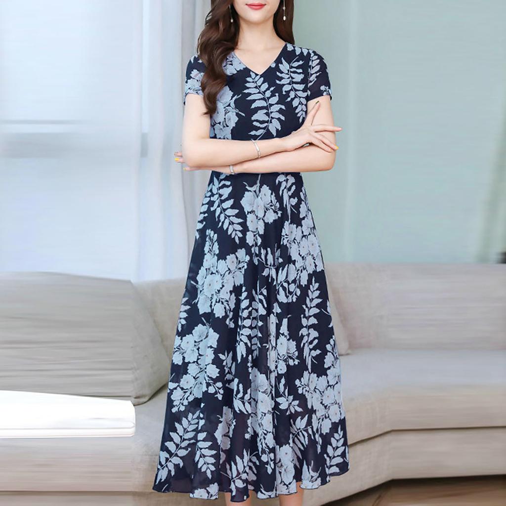 Modisches, lässiges Damen-Kleid mit kurzen Ärmeln und langem Kleid mit Blumenmuster