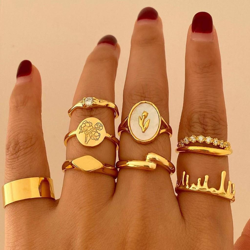 Geometrische Zinklegering Ringenset Met Bloemenpatroon Voor Stijlvolle Vrouwen