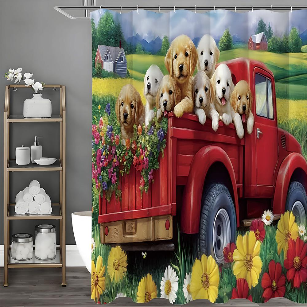 Spring Puppy, Car, Floral, Shower Curtain, House, Spring Puppy Bathroom Shower Curtain, Waterproof Shower Curtain, Shower Curtai