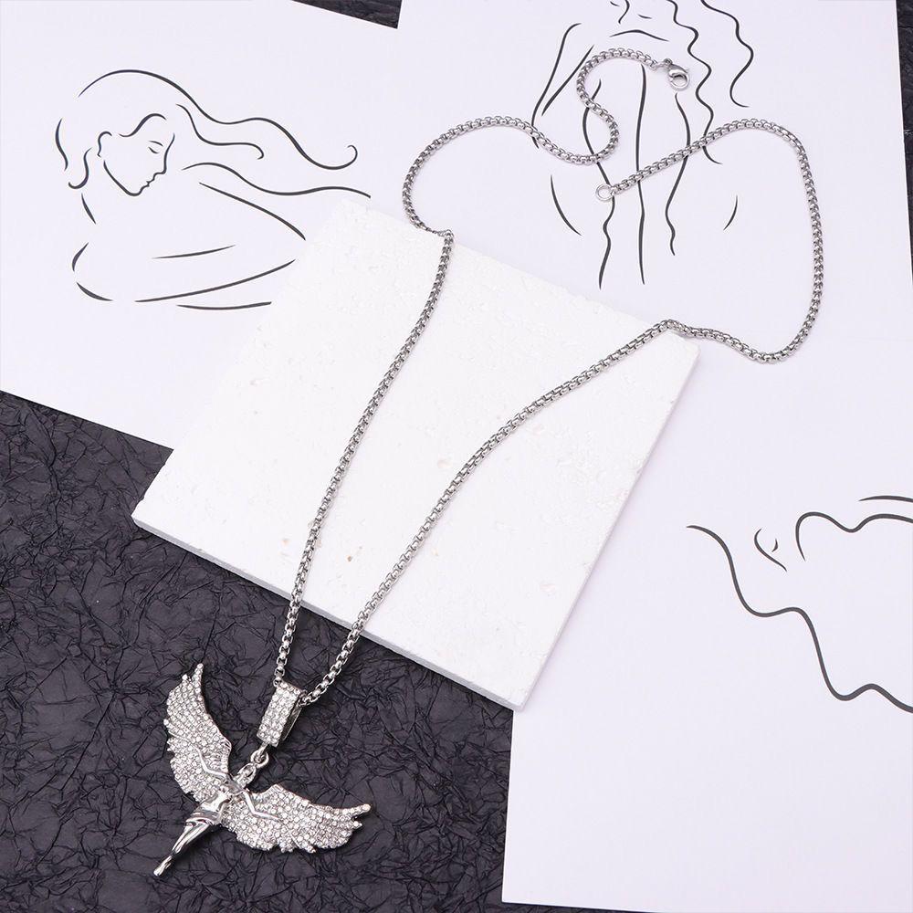 Unisex Vintage Angel Wing Pendant Necklace - Hip Hop Zircon Diamond Jewelry Accessories for Men and Women Sweater Chain