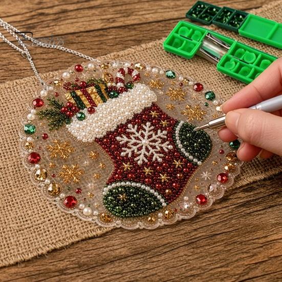 Handgemaakte Feestelijke Huisdecoratie Kerst Kunst met Nep Parels Hangend Ornament Kit, DIY 3D Kralen Sprankelende Acryl Edelsteen Kunst Ambacht, Bord voor Raam, Deur,