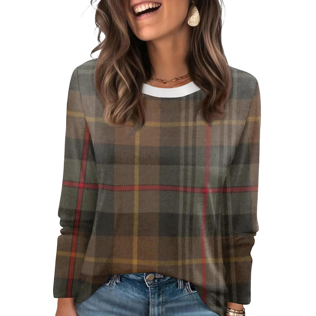 Damen Kariertes Bedrucktes Modisches Lässiges Rundhals Langarm Rundhals Oberteil